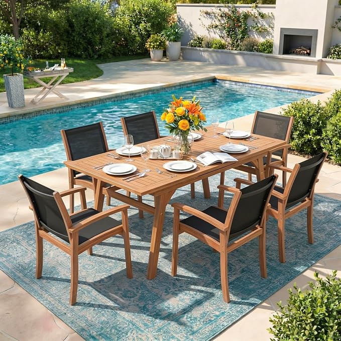 OC Orange-Casual Patio Furniture Set, Acacia Wood Patio Dining Set for 6-8, Outdoor Expandable Table and Chairs Set with Umbrella Hole and Breathable Textilene Fabric for Garden (Black, 7 Pieces)