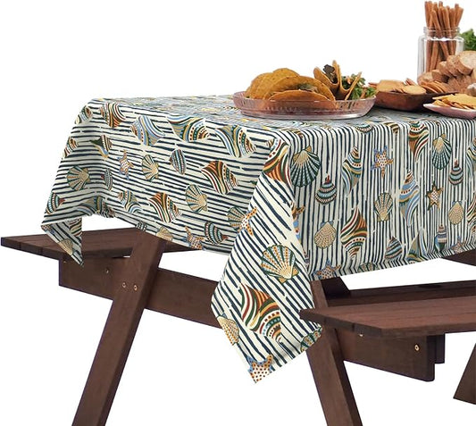 DYTXIII Outdoor Rectangle Tablecloth with Umbrella Hole and Zipper 84" x 60", Water Repellent Floral Picnic Cover, Fade & Wrinkle Resistant Tablecloth for Patio/Garden/Party Table, Crayon Shells