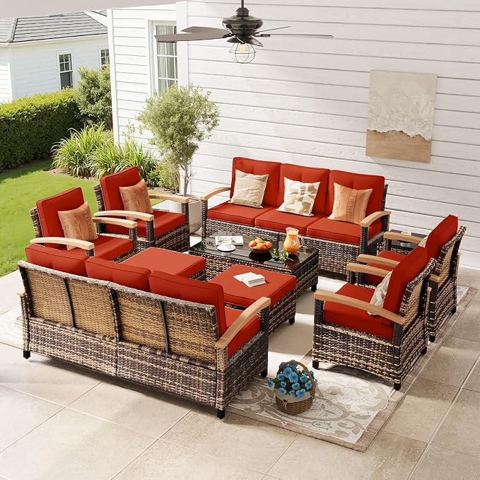 MEISSALIVVE 10 Pieces Outdoor Patio Furniture Sets, Wicker Patio Conversation Sets with 2 Wood Armrests Swivel Glide Chairs,2 Single Chairs, Outdoor Couch and Coffee Table(Red)