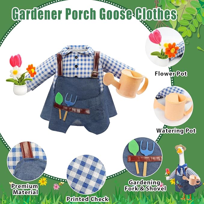 GJL Gardener Porch Goose Outfit Fits 23 Inch Cement Plastic Goose Statue, 2-Piece Porch Goose Clothes with Hat, Tools, Scarf, Watering Can & Flower Pot Design for Spring Summer Garden Yard Lawn Decor
