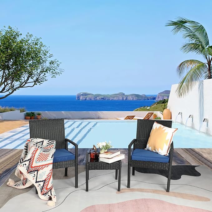 3PCS PE Rattan Patio Conversation Set, Outdoor Patio Furniture Sets | Thick Polyester Cushions, Tempered Coffee Table, Steel Frame Holds 330 LBS for Backyard Lawn Porch Poolside Balcony, Blue