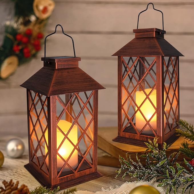 [2 Pack] TAKE ME 14" Solar Lantern Outdoor Garden Hanging Lantern Waterproof LED Flickering Flameless Candle Mission Lights for Table,Outdoor, Mothers Day Gifts Mom Wife
