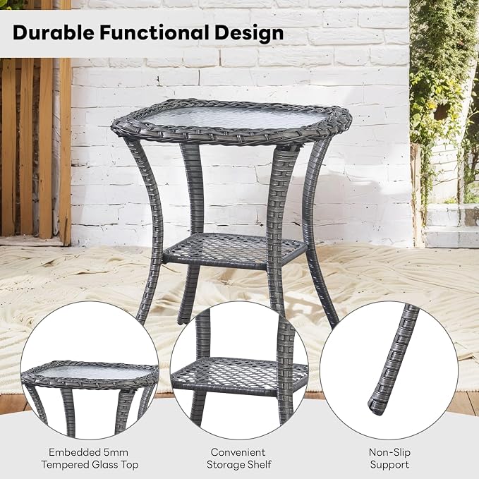 Belord Rattan Patio Side Table, 2 Tier Hand Woven Wicker Bistro Table, 5 mm Frost Glass Top Square Table, Grey Wicker