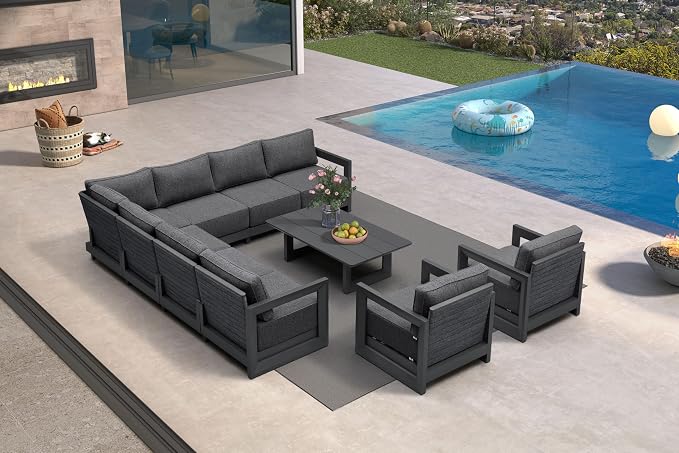 PURPLE LEAF Patio Furniture Set Open-End Outdoor Couch with 9.6" Thick Cushion and Soft Pillows 10 Piece Outdoor Sectional Sofas with Table Modern Outdoor Conversation Sets for Yard Porch Deck, Grey