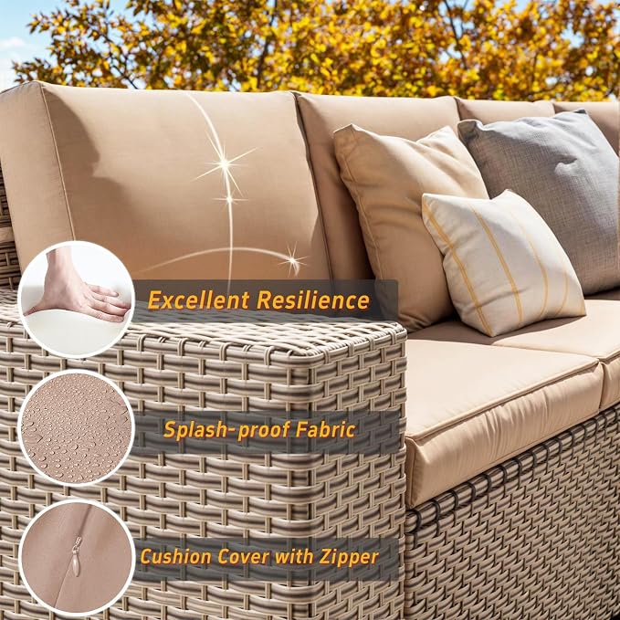 13 Pieces Patio Furniture Set with Fire Pit Table, Outdoor Sectional Wicker Sofa with Thickened Cushions and Coffee Table, High Back Rattan Patio Conversation Sets, Khaki