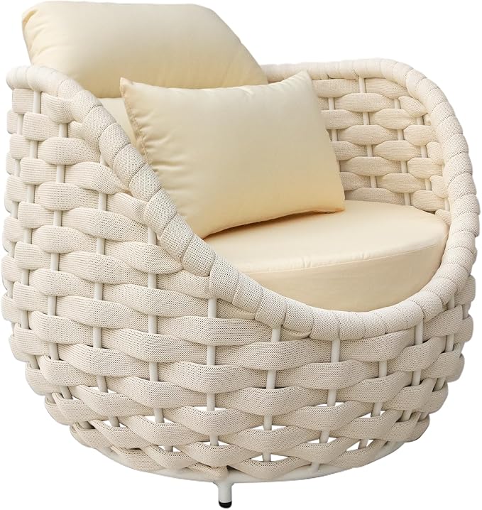 TWT 3 Pieces Aluminum Patio Furniture Set, Hand Woven Polyester Rope Modern Outdoor Furniture w/Washable Cushion and Rock Slab Tabletop, Conversation Sofa Set for Livingroom Poolside Balcony (Beige)