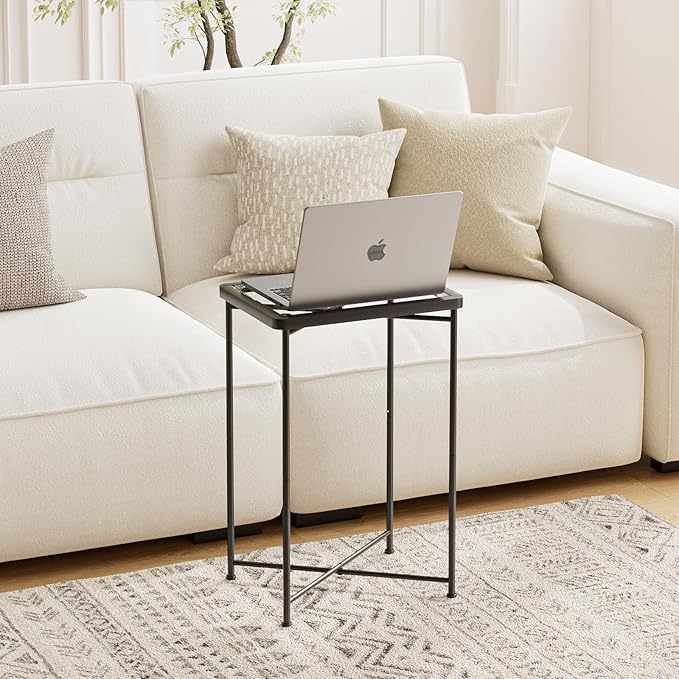 Garden 4 you Small Side Table, Glass End Table Set of 2, Black Outdoor Side Table with Metal Frame, Mini Bedside Table for Living Room, Bedroom, Patio, Small Space, 2pcs
