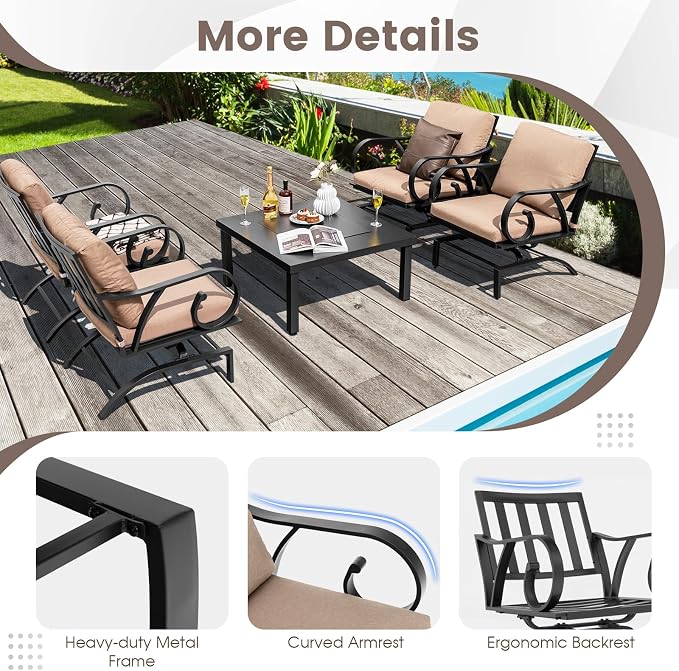 Tangkula 5 Piece Patio Dining Set, Heavy-Duty Rocking Chairs with 4-in-1 Fire Pit Table, Soft Seat & Back Cushions, Gentle Rocking Design, Outdoor Conversation Set for Backyard, Porch (Brown)
