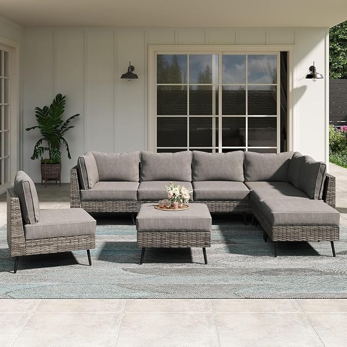 8 Piece Outdoor Patio Furniture Set with Thick Cushions, All Weather PE Rattan Wicker Sectional Sofa Conversation Set for Garden, Backyard, Poolside, Modular Outdoor Lounge Furniture Set(Gray)