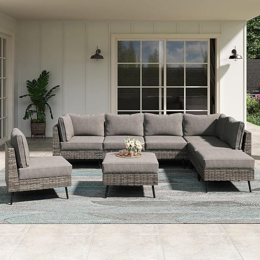 8 Piece Outdoor Patio Furniture Set with Thick Cushions, All Weather PE Rattan Wicker Sectional Sofa Conversation Set for Garden, Backyard, Poolside, Modular Outdoor Lounge Furniture Set(Gray)