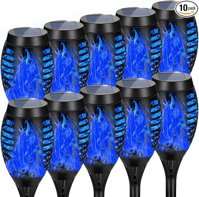 10 Pack Outdoor Solar Lights Blue Flickering Flame Solar Torch Lights | Realistic Flame Effect, IP65 Waterproof & Auto On/Off, Upgraded LED Torches for Outside Patio Yard Garden Pathway Decor