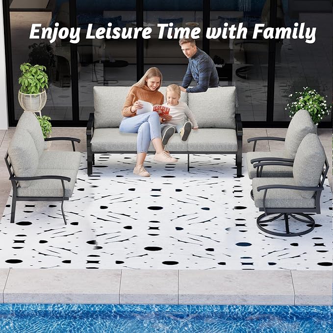 HOMREST Outdoor Furniture Thickened Cushion 360 Degree Swivel Rocking Patio Chairs and 3-Seat Sofa, Loveseat, Coffee Table, 5 PCS Metal Conversation Set for Garden, Deck and Poolside