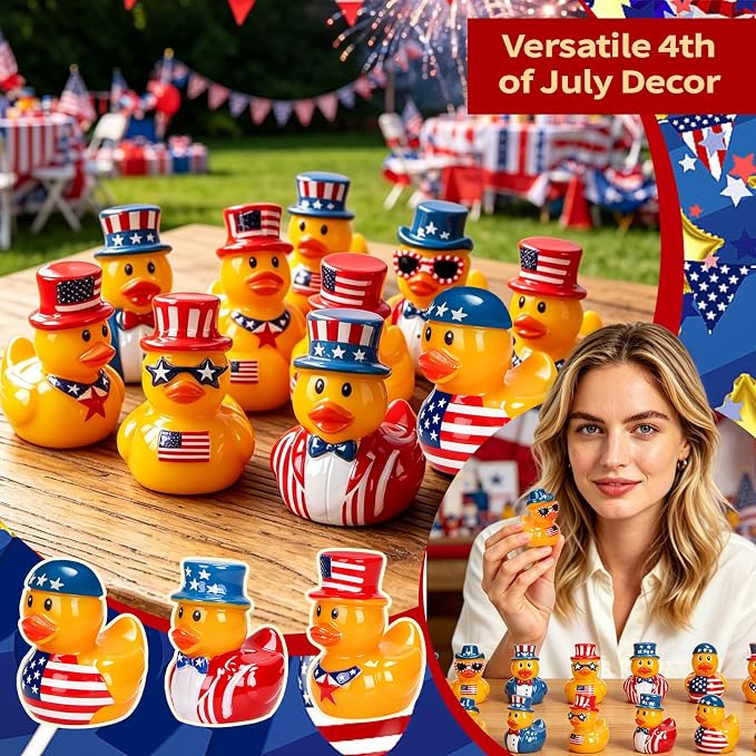 200 Pcs Patriotic Mini Resin Ducks 6 Style Bulk Tiny Duck Figurines 250th Anniversary Independence Day Decorations 4th of July Patriotic Ducks for Party Favors DIY Crafts and Desk Decor