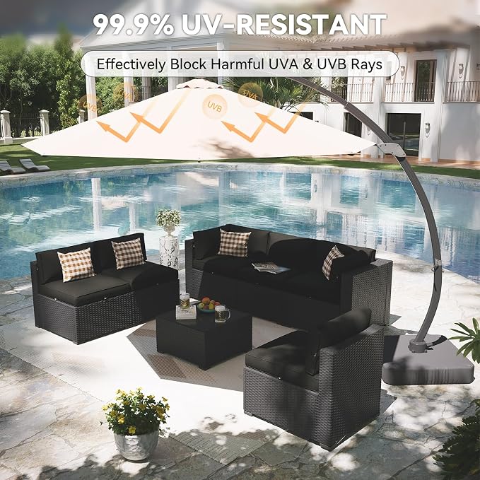 Aoxun Patio Furniture Set with Umbrella, 8 Piece Outdoor Sectional Sofas, Wicker Rattan Outdoor Furniture with Thickened Cushion for Backyard, Garden Black