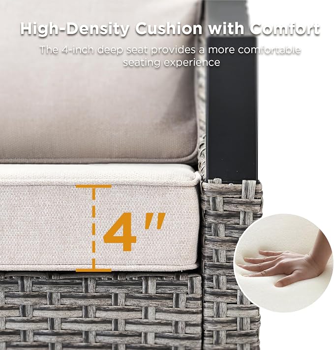 14 Piece Outdoor Patio Furniture Sets-High Back Wicker Swivel Rocker Patio Chairs Set of 4 with Thick Cushions Ottomans, Outdoor Sofa, Patio Conversation Sets for Porch Balcony Patio Deck Grey/Beige