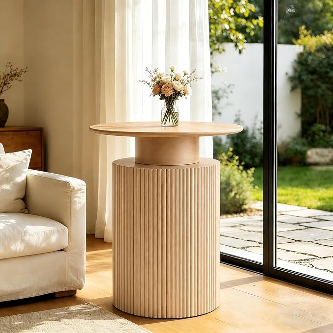 24" Fluted End Table Reversible, Hidden Storage, Natural Oak | Mid Century Modern Nightstand, Bedside Table, Cylinder Side Table, Pre-Threaded MDF, for Bedroom Living Room Office