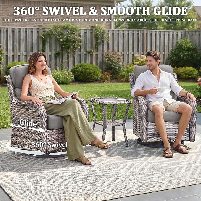 Luxury Swivel Rocker Chair Sofa Set with 6" Thick Cushions,7-Piece Wicker Patio Chair with Coffee Table and Ottoman,Outdoor Comfortable High Back Chair Patio Furniture Set - Gery | Gery