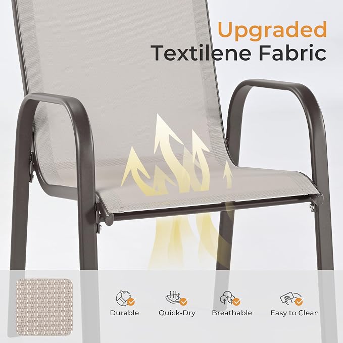 HAPPATIO Outdoor Patio Dining Set, 8 Quick Dry Textilene Dining Chairs and Dining Table with Umbrella Hole, Stackable Textilene Chairs for Garden, Patio and Poolside Backyard, Light Grey