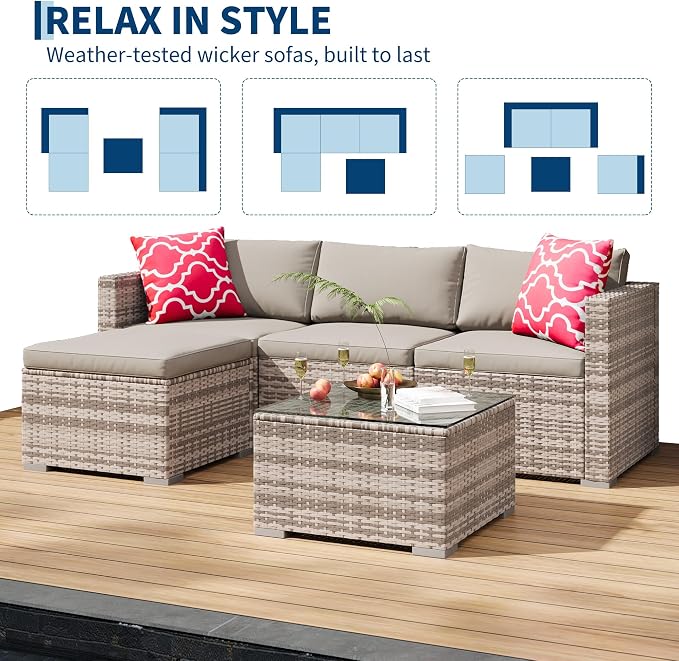 PeakPursuit Outdoor Patio Furniture Set, 5 Pieces Rattan Patio Conversation Sets with Glass Coffee Table and Cushion,All Weather Outdoor Patio Sofa for Garden, Poolside, Backyard,Light Grey