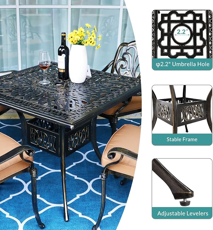 MEETWARM 35.4" Square Patio Dinning Table, Outdoor Cast Aluminum Dinning Large Table with 2.2" Umbrella Hole, Dark Bronze