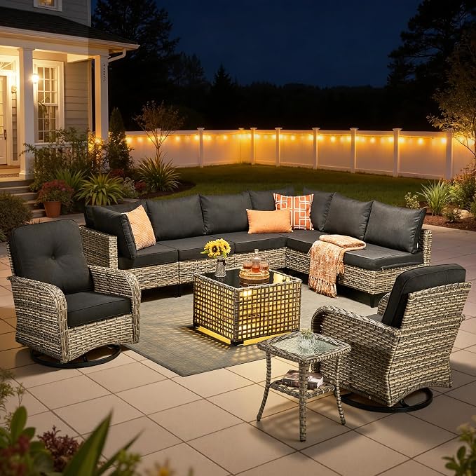 10 Pieces Outdoor Sectional Patio Furniture Set with Swivel Rocking Chairs,Wicker Conversation Sets Rattan L Shaped Couch,Modular Outdoor Sofa for Porch Balcony Backyard Black