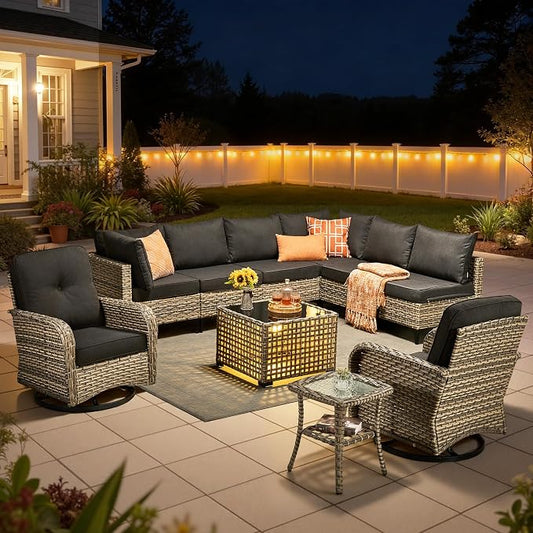 10 Pieces Outdoor Sectional Patio Furniture Set with Swivel Rocking Chairs,Wicker Conversation Sets Rattan L Shaped Couch,Modular Outdoor Sofa for Porch Balcony Backyard Black