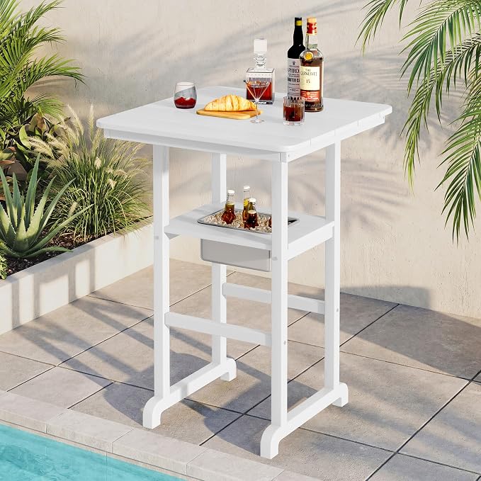 SERWALL HDPE 41.7'' Bar Table with Ice Bucket, Bar Height Table with Ice Bucket, 30'' x 30'' Square Bar Tables Bistro, Poolside, Backyard, White