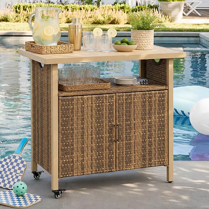 Outdoor Bar Table with Storage Cabinet, Patio Serving Cart with Wheels, Wicker Bar Cart and Grill Cart Prep Station, Rolling Kitchen Island for Patio, Backyard, Poolside, Outdoor Use, Beige
