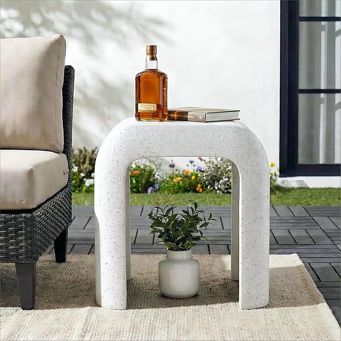 SUNBURY Outdoor Side Table, 18" H Concrete Horseshoe End Table, Rectangular Cement Accent Table for Patio, Round Modern Garden Stool for Patio, Backyard, Spotted White
