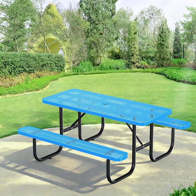 6FT Rectangular Outdoor Picnic Table with Attached Benches, Heavy-Duty Expanded Metal Mesh Patio Table, Commercial-Grade Outdoor Seating for Park, Backyard, Deck, Lawn, Blue