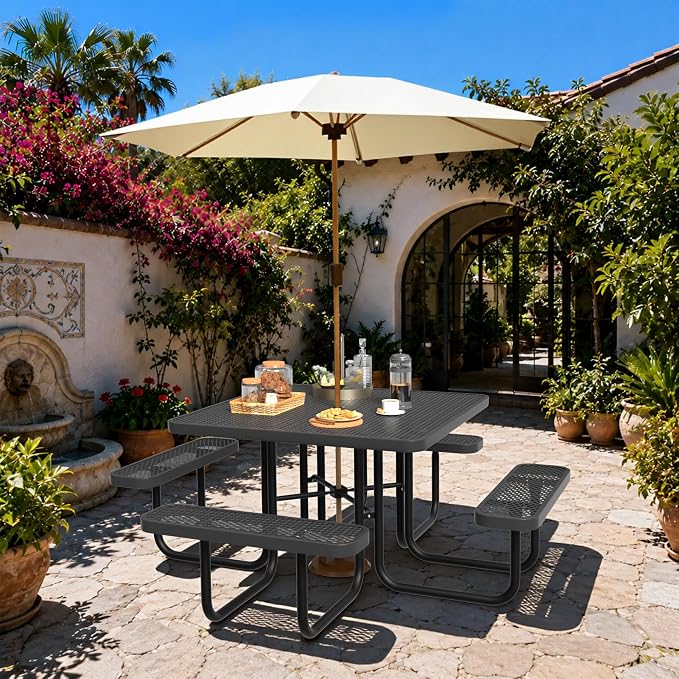 All-Weather Square Outdoor Picnic Table, Commercial Picnic Table Bench Set with Umbrella Hole, Thermoplastic Coated Metal Dining Tables for School, Stores, Park, Patio, Yard, Black