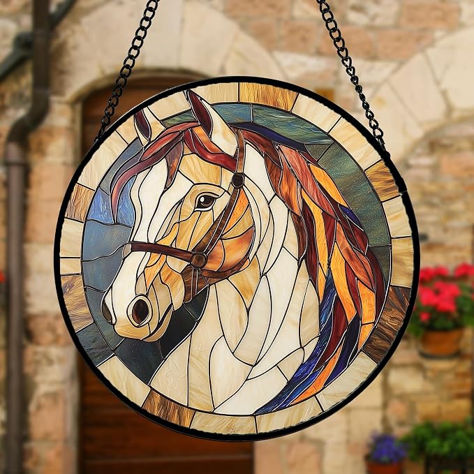 DASTOLL Stained Glass Window Hanging, Animal Horse Colored Mane Sun Catchers Glass Panel Cool Suncatcher Decor for Birthday for Women, Men, Wife, Aunt, and Mom 11.8x11.8 in