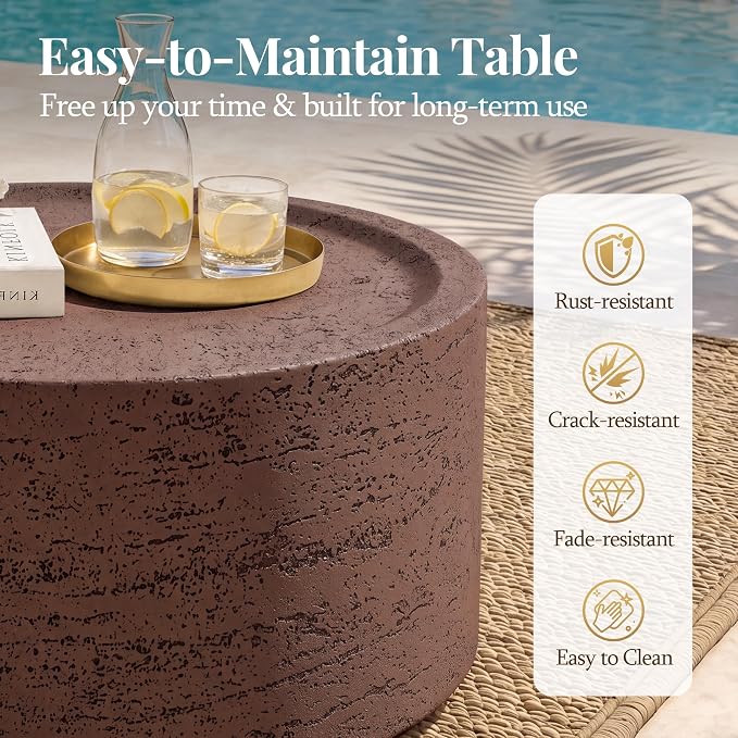 UPHA 28" Round Outdoor Coffee Table, Modern Hollow Concrete Patio Table, Small Minimalist Low Accent Table for Living Room, Balcony, Deck, Backyard, Rust Red