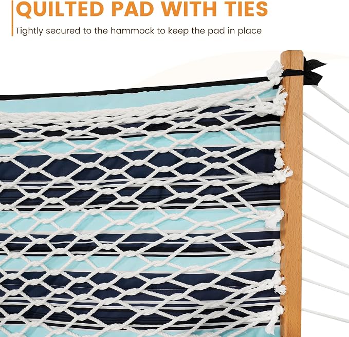 Lazy Daze Hammocks Rope Hammock with Pad, Spreader Bar, Carabiners, Tree Straps, Chains for Outside Patio- Max 450 Lbs, Dark Blue Stripes