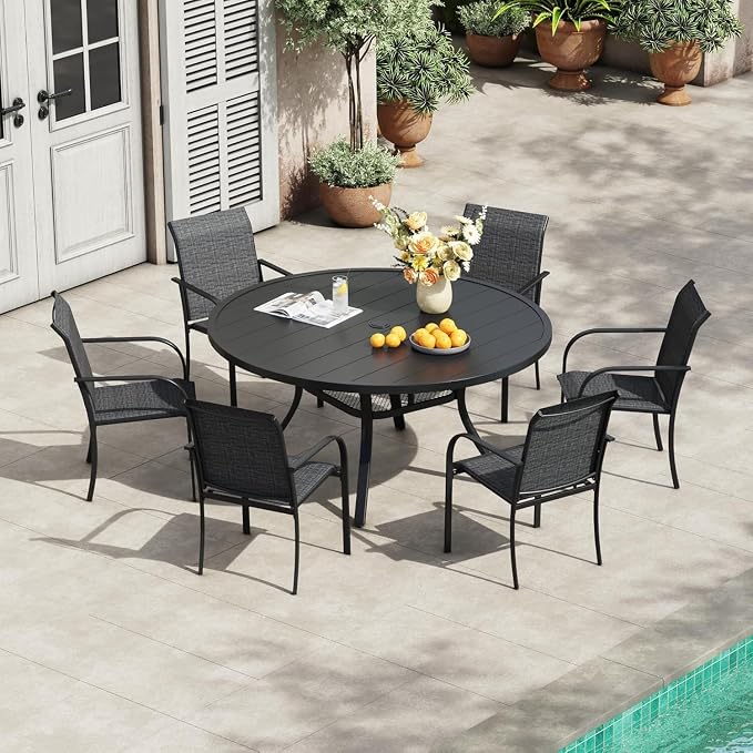 VICLLAX 7 Pieces Patio Outdoor Dining Set, 47.2" Round Metal Table with Umbrella Hole and 6 Stackable Textilene Chairs for Pergola, Lawn, Garden, Porch, Grey Chair