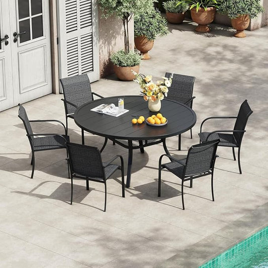 VICLLAX 7 Pieces Patio Outdoor Dining Set, 47.2" Round Metal Table with Umbrella Hole and 6 Stackable Textilene Chairs for Pergola, Lawn, Garden, Porch, Grey Chair