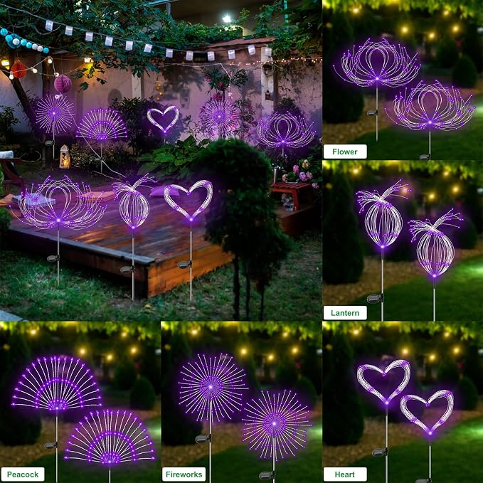 Slyuexu Solar Garden Lights Outdoor Waterproof, 2 Pack 120 LED Solar Firework Lights Decorative Garden Décor Outside for Flowerbed Pathway Party Christmas Decoration, Purple