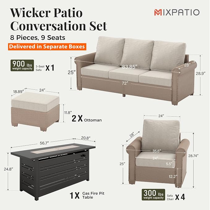 MIXPATIO Patio Furniture Set 8 pcs, Wicker Outdoor Patio Furniture, 3-Seat Sofa, 4 Single Chairs, 2 Ottomans and 56" Gas Fire Pit Table, Rattan Patio Conversation Set for Backyard Deck, Beige