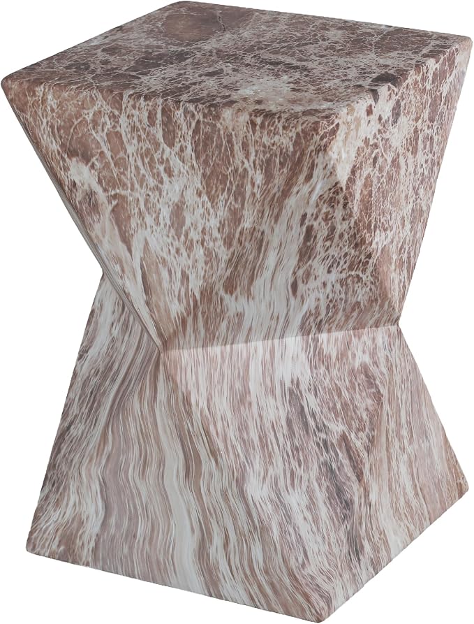 Outdoor Side Table Faux Marble Square Side Table Hourglass End Tables Small Coffee Tables for Patio Garden Stool for Porch, Backyard Balcony,12.4",Weather Resistant, Brown