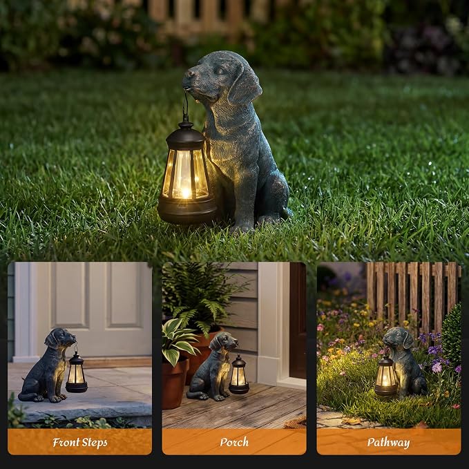 Lyeasw Solar Dog Statues with Lantern, 8.4 inch Ideal Gifts for Mom, Dad or Birthdays Dog Memorial, Outdoor Decorations for Patio Porch Lawn Backyard
