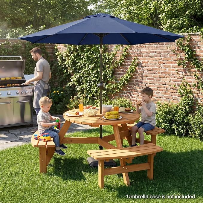 VINGLI Wood Picnic Table Outdoor Round Picnic Table with 7.5ft Umbrella and 4 Built-in Benches, Outdoor Dining Tables and Chairs 550 LBS Bench Capacity (Navy, Round)