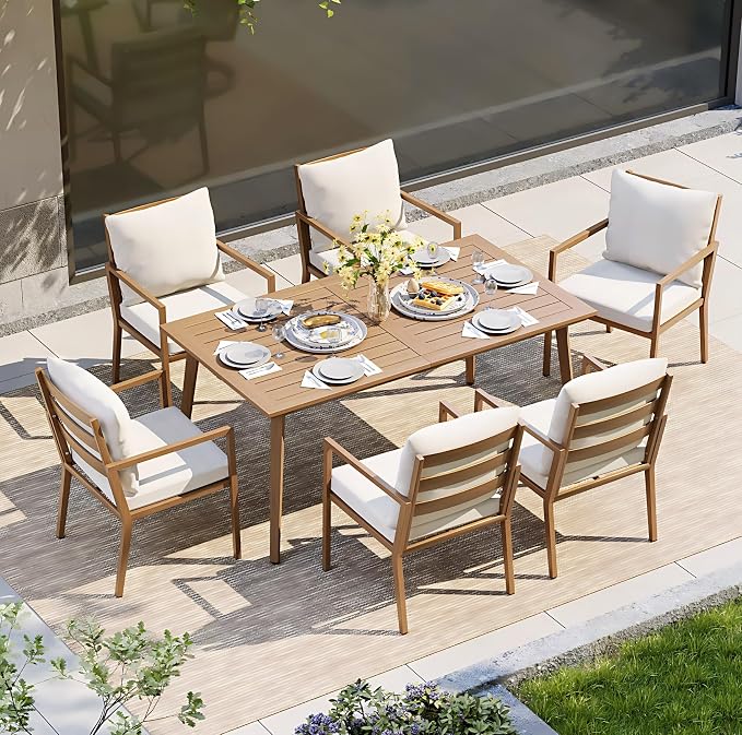 HAPPATIO Outdoor Dining Table for 6, Rectangular Aluminum Patio Table with Umbrella Hole, 6-Person Rustproof Wood-Like Table for Lawn Garden Backyard