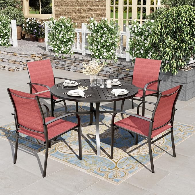 HERA'S HOUSE 5pc Patio Dining Set for 4, 42" Round Metal Table | Red textilene chairs, umbrella hole. Waterproof, rust-resistant, all-weather for backyard, porch