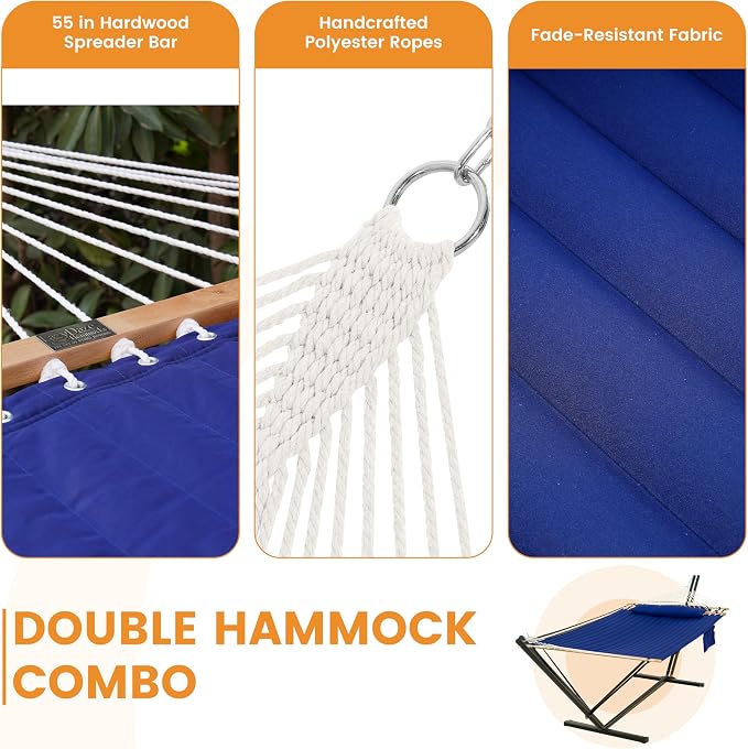 Lazy Daze Hammocks 2 Person Portable Hammock with 12FT Stand for Outside, 10.5FT Quilted Double Hammock with Spreader Bar and Detachable Pillow, 450lbs Capacity for Outdoor Patio, Navy Blue