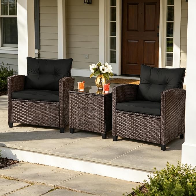 ORALNER 3 Pieces Patio Furniture Set, Outdoor Wicker Conversation Set Rattan Chairs with Cushions, Glass Coffee Table, Bistro Set for Front Porch Balcony Garden Deck Poolside (Black)