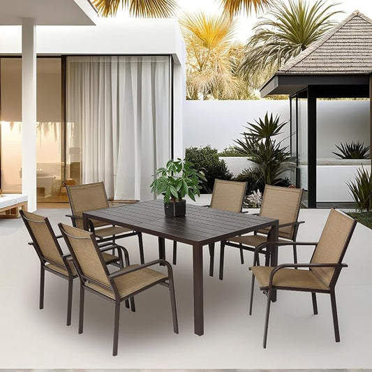 GDFStudio 7-Piece Patio Dining Set, Outdoor Table with 6 Stackable Chairs, Rectangular Metal Dining Table, Breathable Textilene Seating for Backyard, Deck, Garden & Outdoor Entertaining, Brown