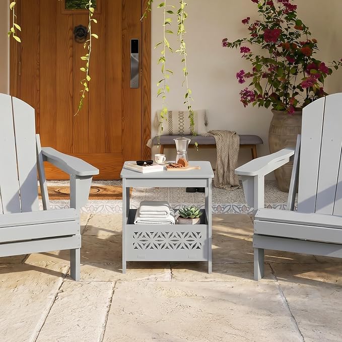 VINGLI Outdoor Side Table with Storage, 15.6" Square Resin Patio End Table, Weatherproof Rustproof Balcony Backyard Poolside Small Table (Gray)