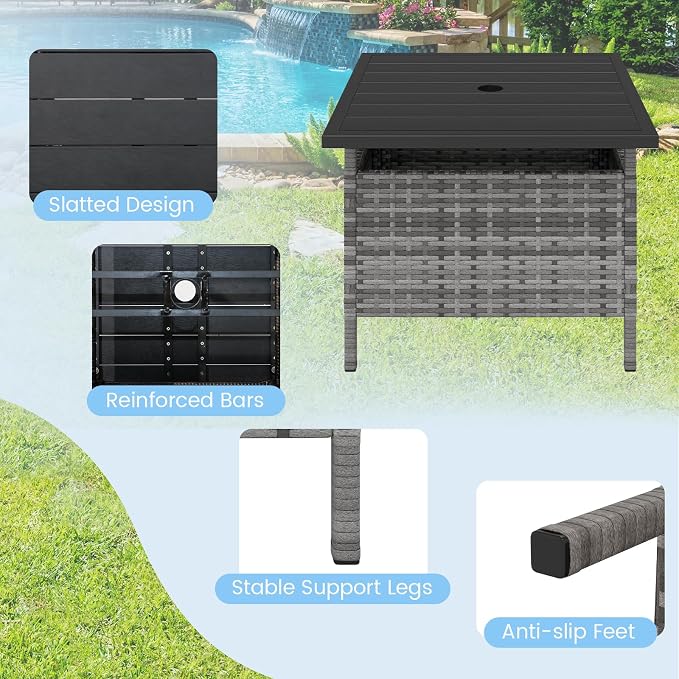 LDAILY Patio Table Umbrella, Outdoor Table with Umbrella Hole, Rattan Patio Side Table with Steel Umbrella Hole, HDPE Desktop & Metal Frame for Deck Garden Poolside Backyard Balcony (Mix Gray)