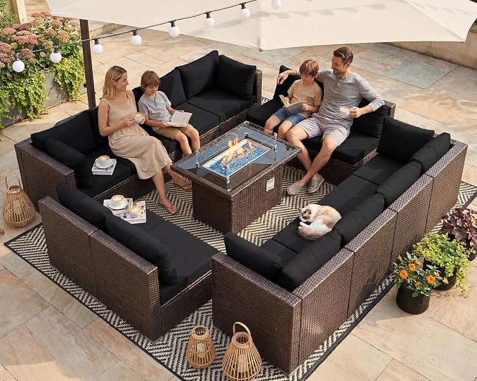 NICESOUL 13 Piece Patio Furniture w/Fireplace, Elegant Outdoor Seating w/Firepit, XL 29.3'' High Back Sectional Sofa, All-Weather Rattan Deck Couch, Modular Sturdy Conversation Set, Brown & Black