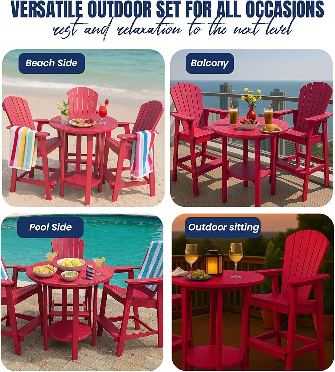 Phat Tommy Round Bar Height Patio Table - Outdoor Bar Table - Balcony Height Patio Furniture for Your Deck - Poly Outdoor Furniture, Cranberry Red